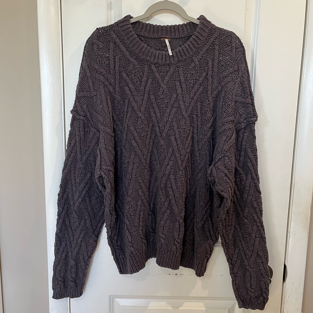 Free People Isla Cable Knit Tunic Sweater Sz L Gray(Shaded Rock)Cotton Oversized - Picture 3 of 14